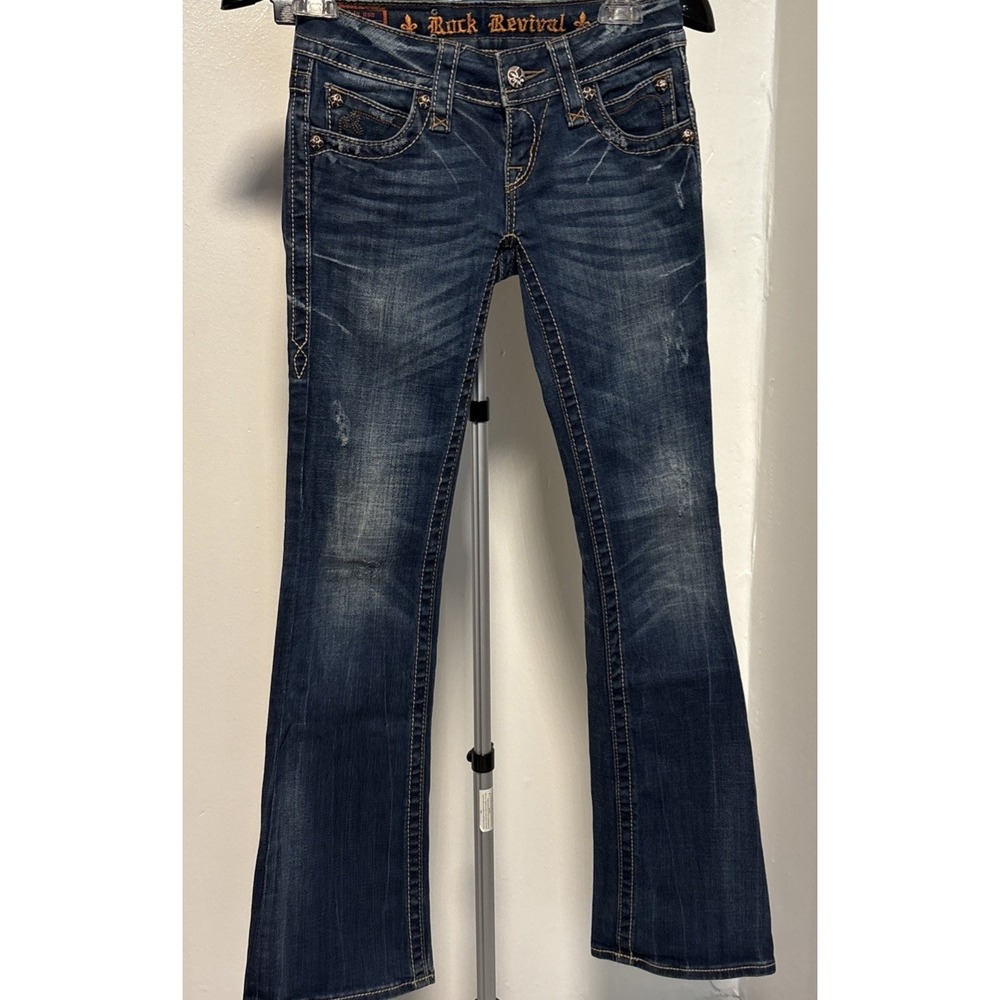 Rock Revival Jeans Womens 25 Noelle Boot Rhinestone Pockets Distressed Denim - Picture 7 of 12